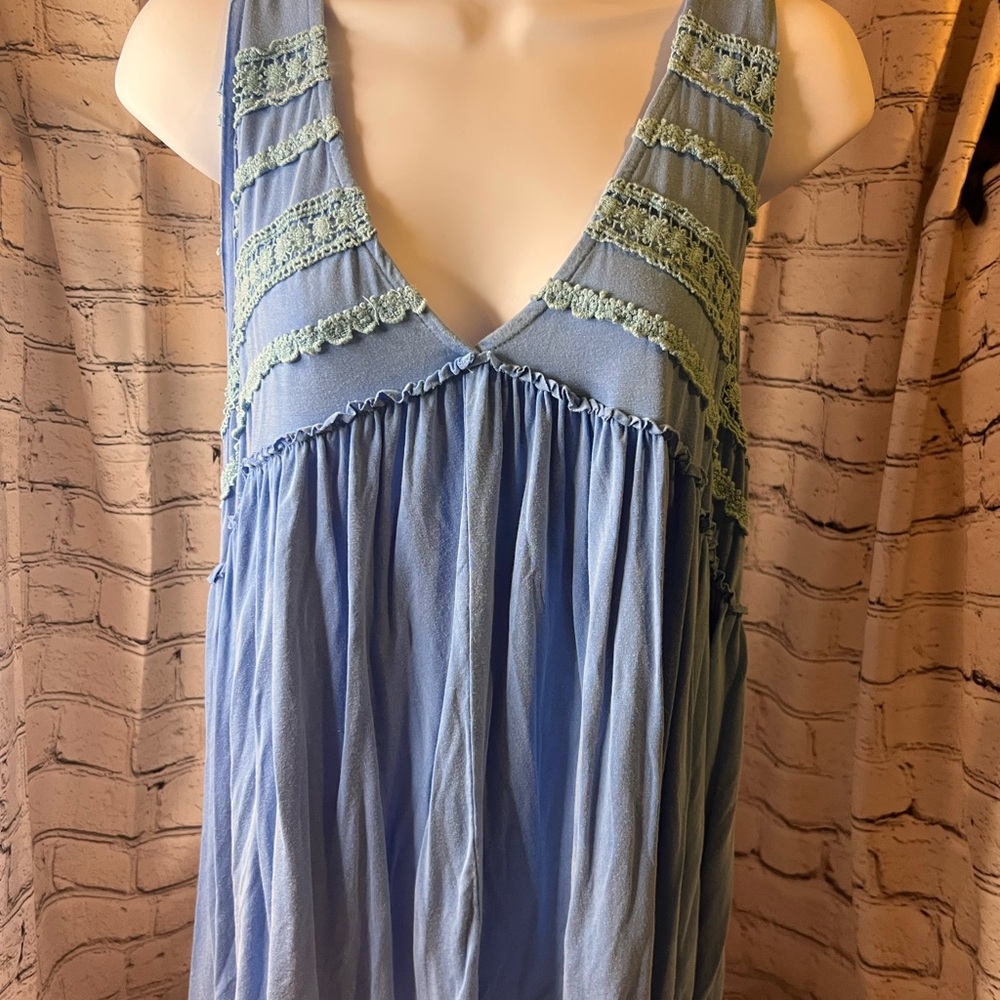 POL Light Blue Babydoll Tank with Lace Accents